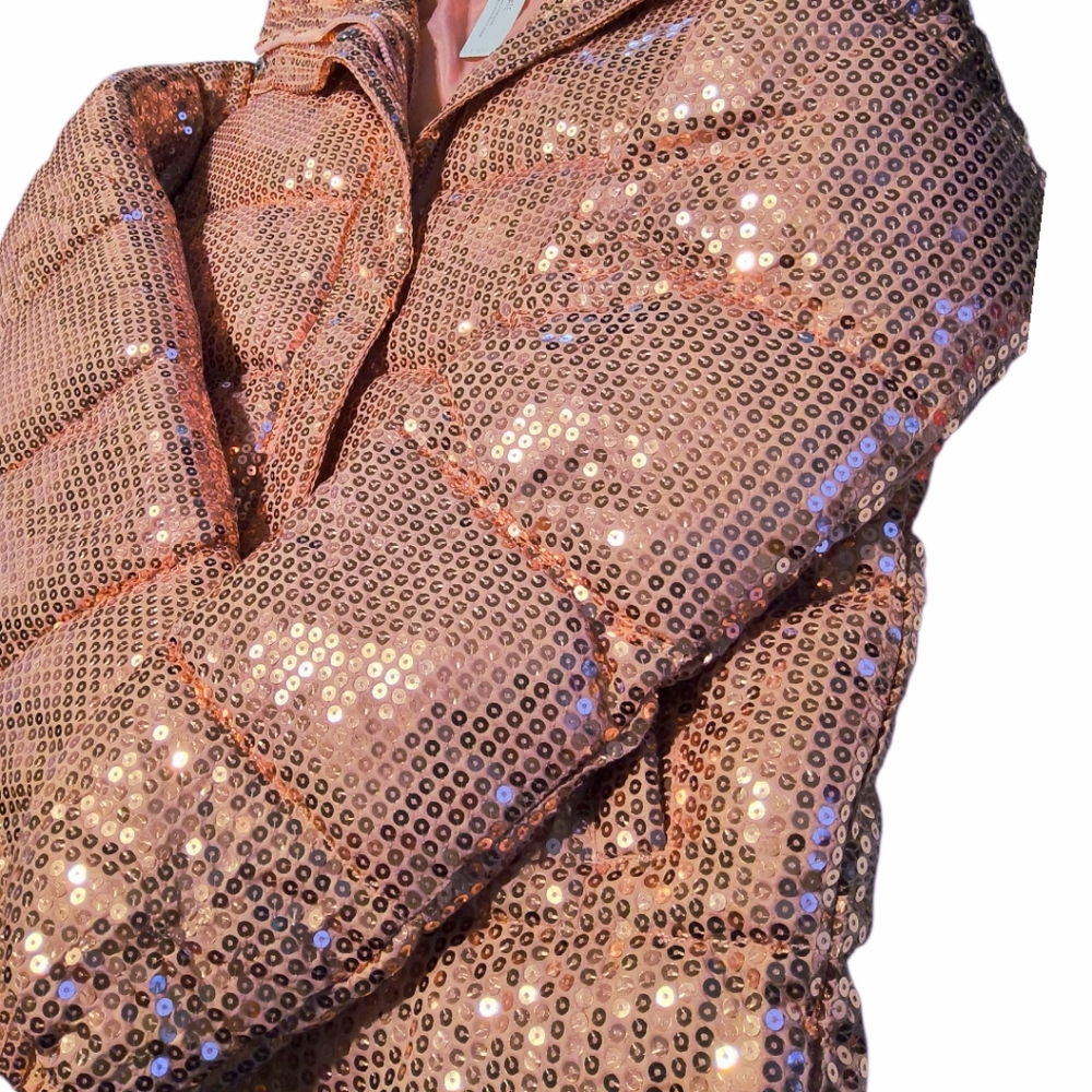 Venus Pink Sequin Puffer Jacket NWT - Winter Feminine Sparkle Outerwear Size SM - Picture 10 of 10